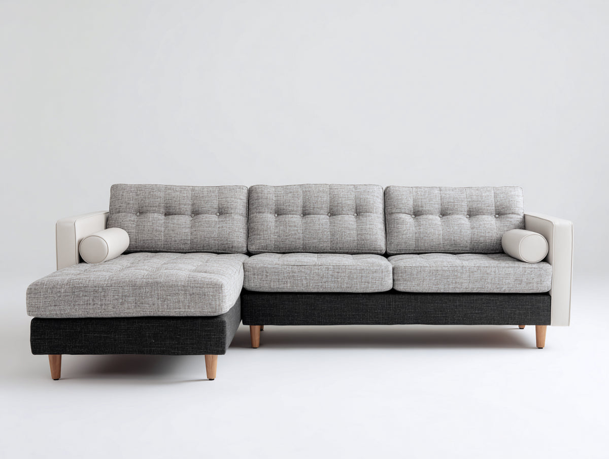 Sofás de esquina tapizados en tela 245x165x86 cm - gris claro y gris oscuro - diseño moderno con respaldo capitoné