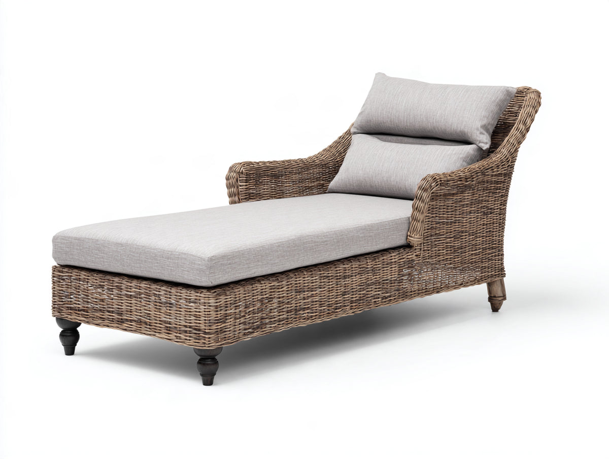 Tumbonas de ratán trenzado 195x80x92 cm - marrón-gris claro - respaldo inclinado con reposabrazos para jardín