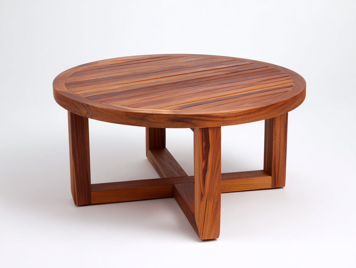 Mesas de jardín de madera redonda 90x90x45 cm - Natural - Diseño bajo con tablero de listones