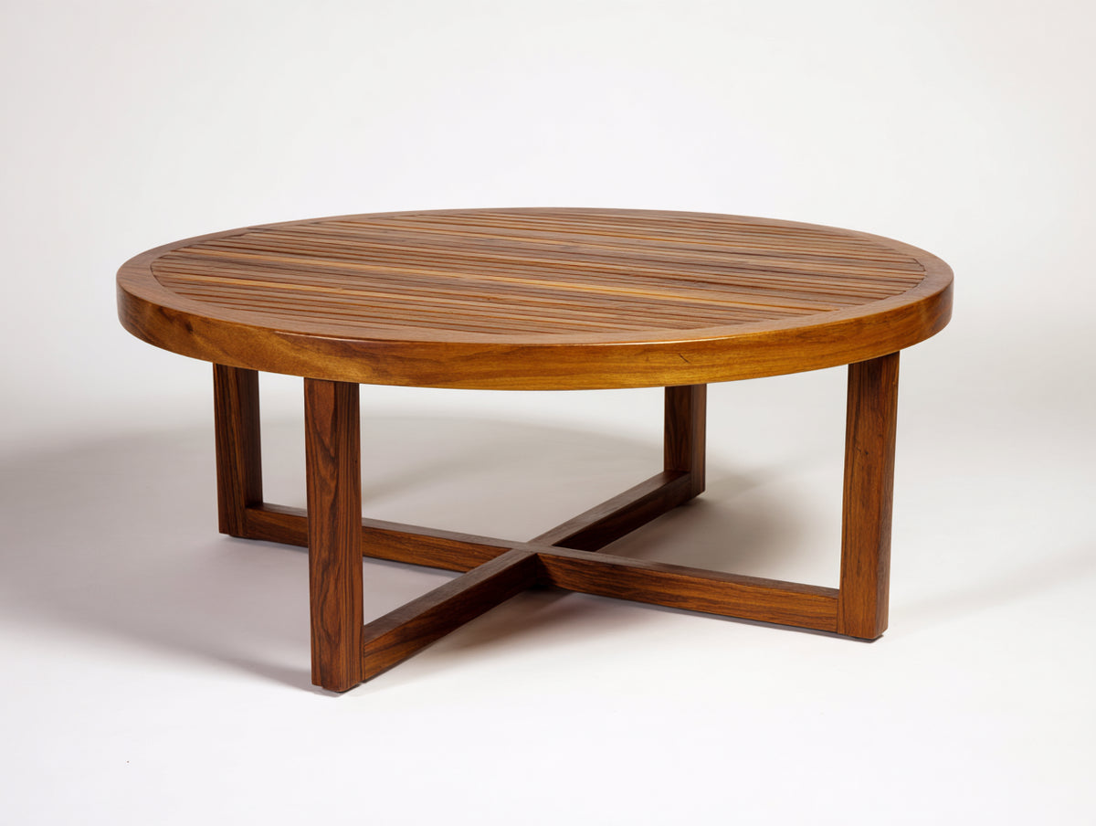 Mesas de jardín de madera maciza 120x120x45 cm - marrón nogal - diseño redondo con base cruzada
