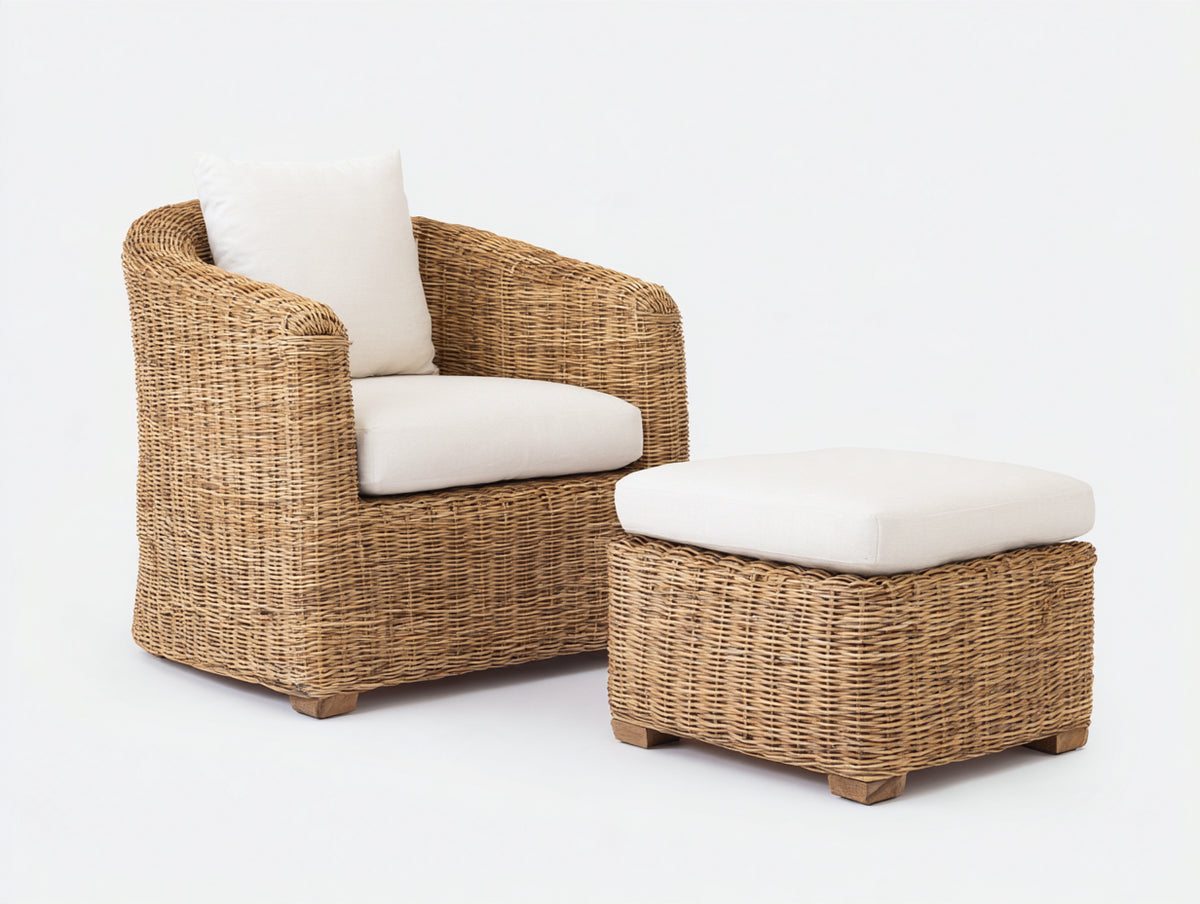 Sillones de ratán 90 x 85 x 78 cm - ratán natural y tapizado blanco - con reposapiés para exterior