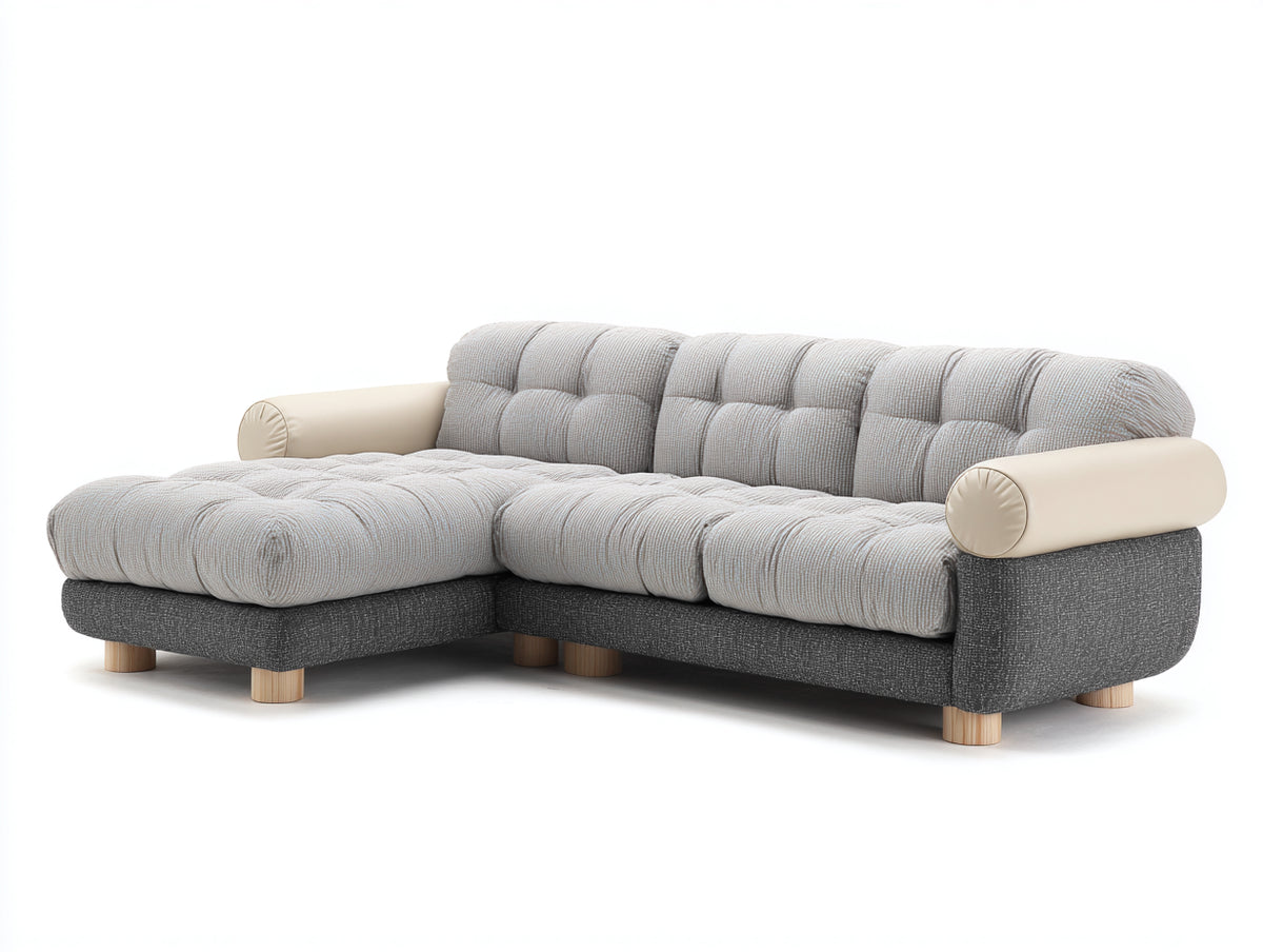 Sofás de esquina 250x170x82 cm - Tapizado de tela - Beige-Gris - Diseño moderno con chaise longue y patas de madera