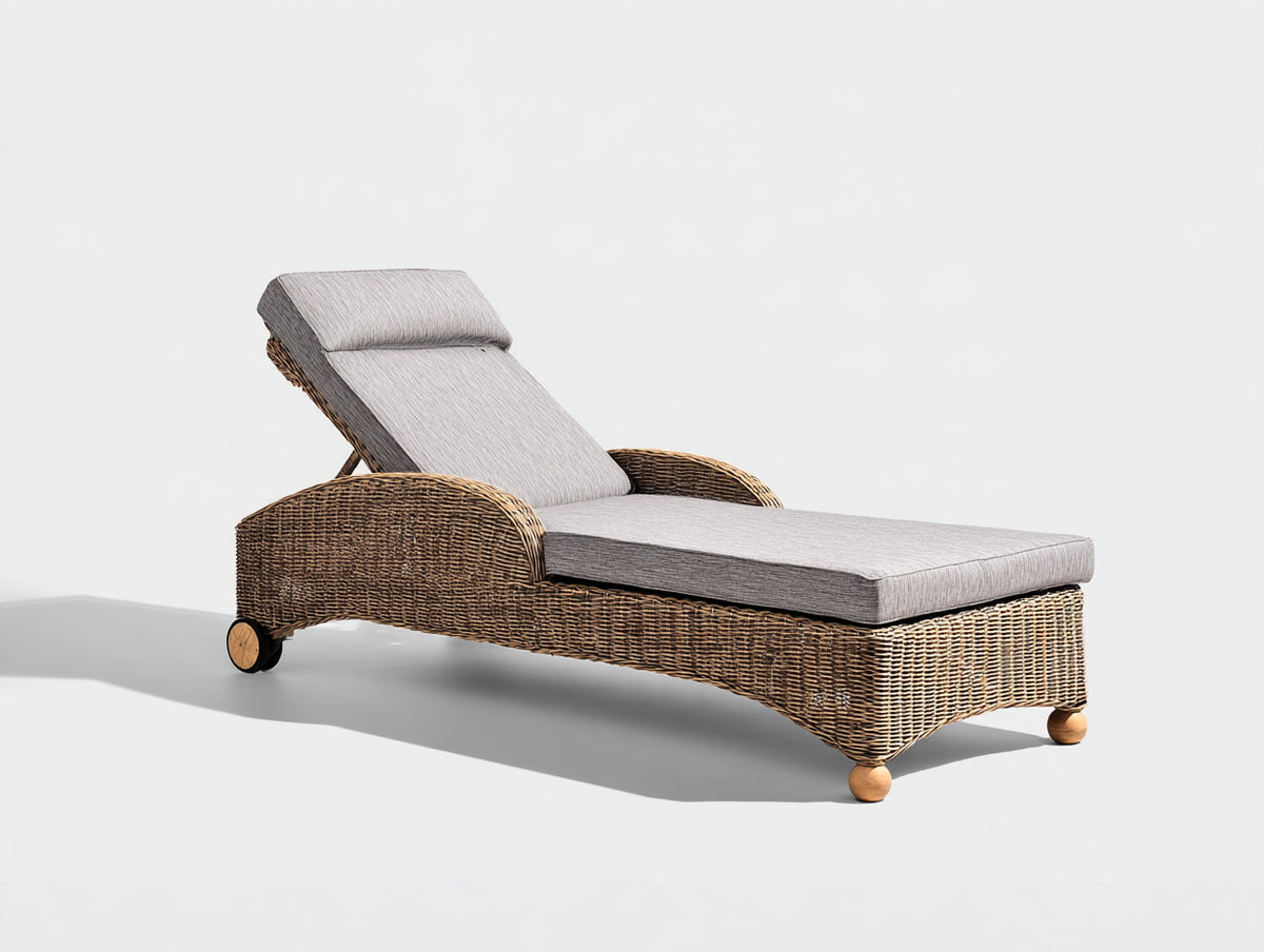 Tumbonas de ratán trenzado 200x72x96 cm - marrón-gris claro - respaldo regulable con reposabrazos y ruedas para jardín