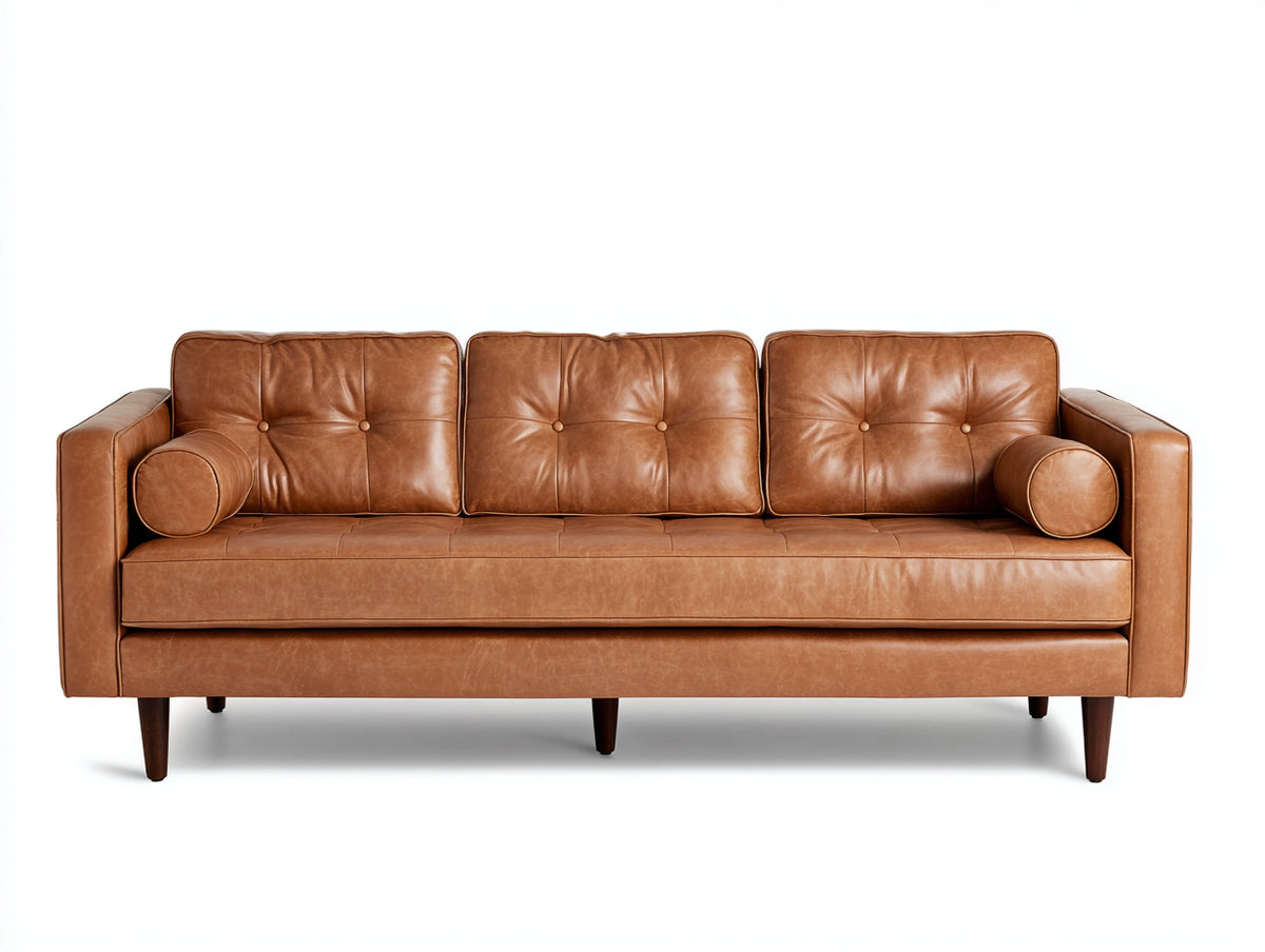 Sofás 3 plazas de cuero 216x88x84 cm - coñac - diseño moderno con respaldo capitoné y patas de madera
