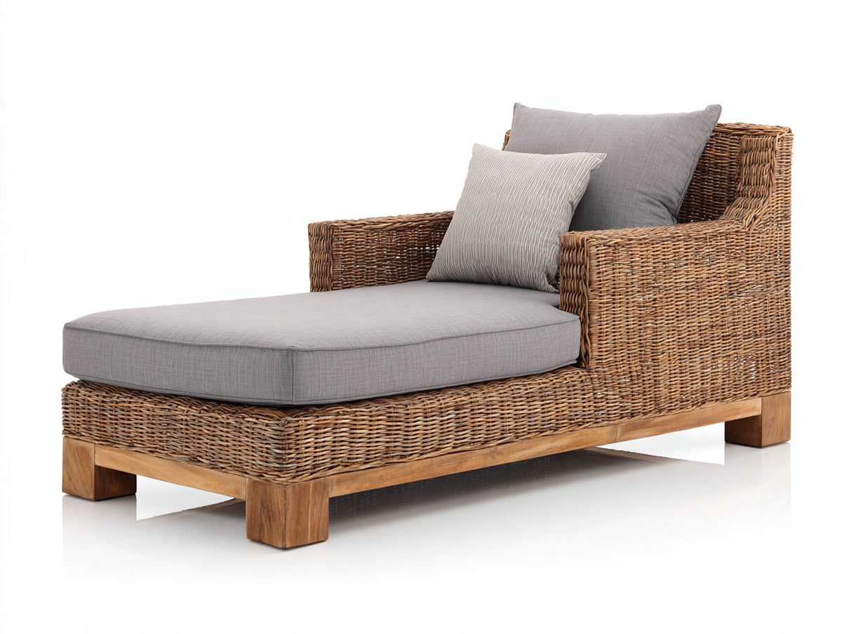 Tumbonas de ratán trenzado 185x85x86 cm - marrón-gris claro - diseño amplio con reposabrazos para jardín